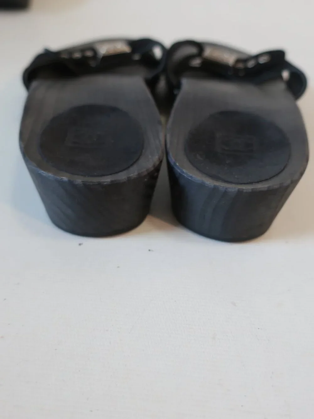 Authentic Women Chanel Black Suede Interlocked CC Wood Clog Mule Sandals 38 US/8